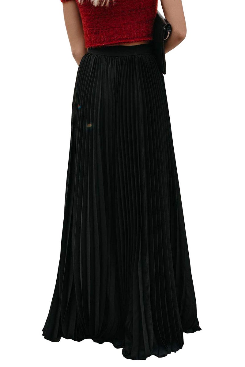 ebossy Women's High Waist Flowy Pleated Chiffon Maxi Skirt (Large, Black) - Image 2
